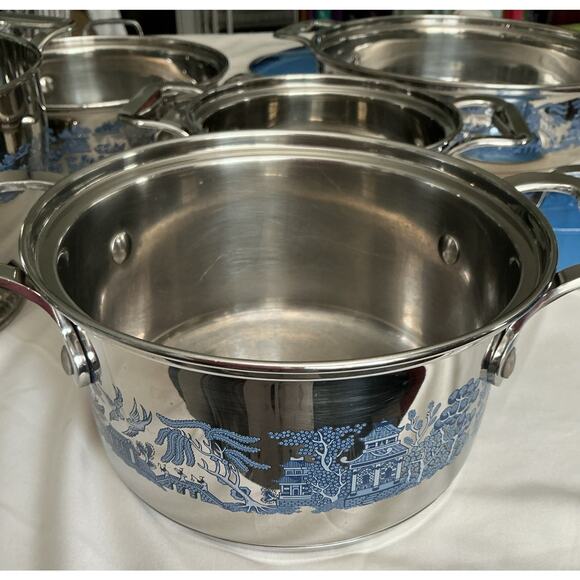 VINTAGE BLUE WILLOW 12 Pc Set Cuisine Cookware 18/10 Stainless Steel 3 Ply Base - Picture 9 of 16